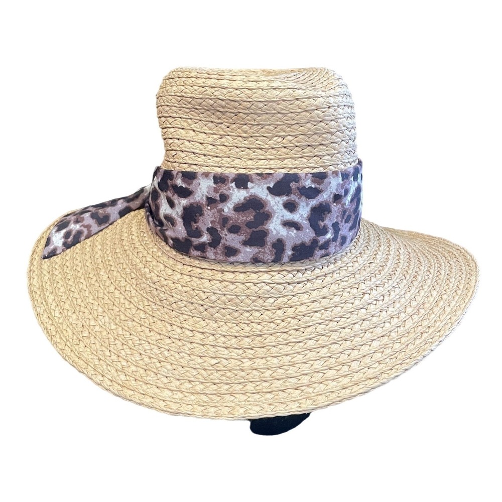 Vince Camuto Womens O/S Straw Sun Hat Tan Leopard Print Scarf Wide Brim Beach